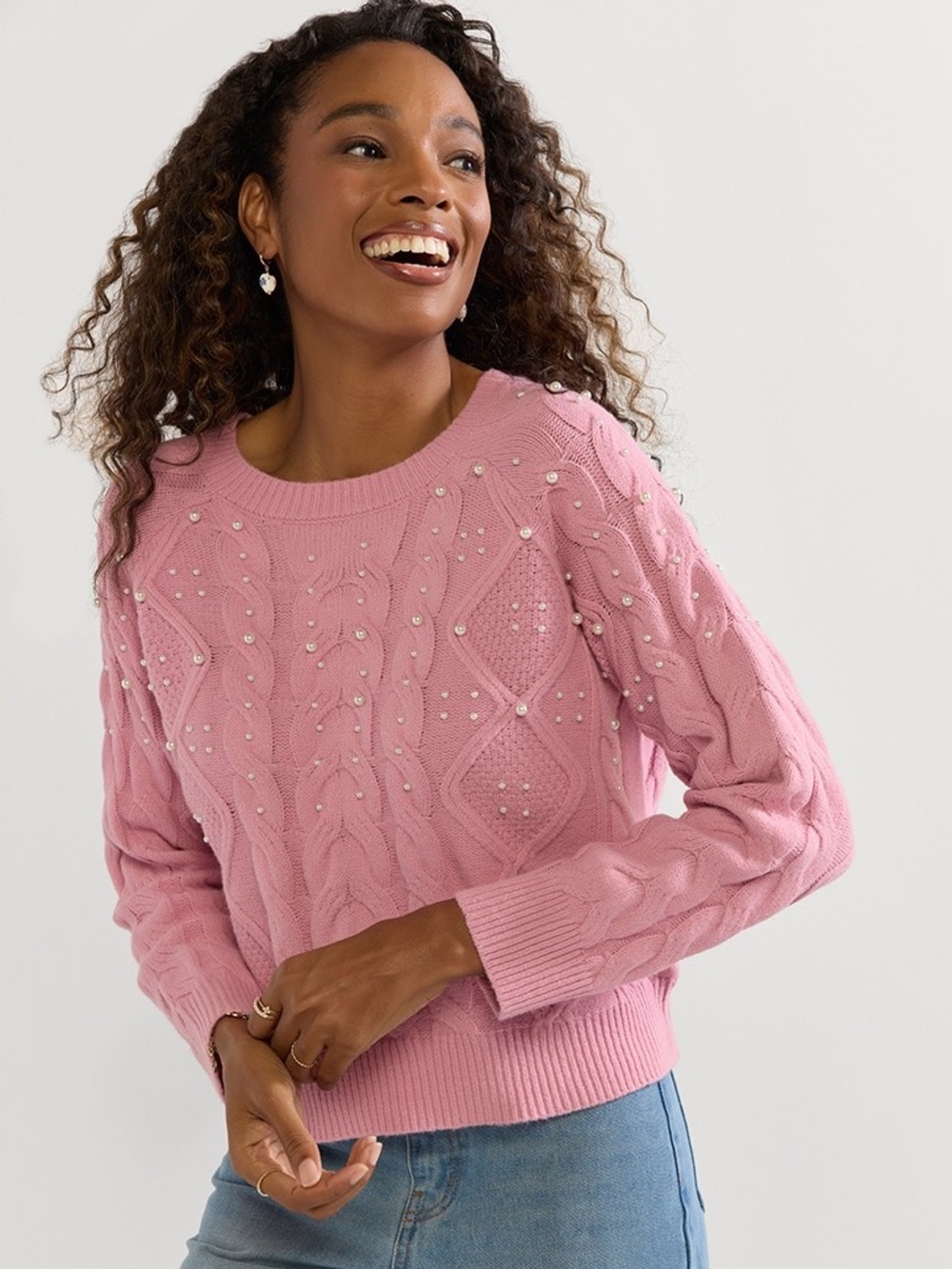 Francesca's Beverly Pearl Embellished Cable Pullover Sweater